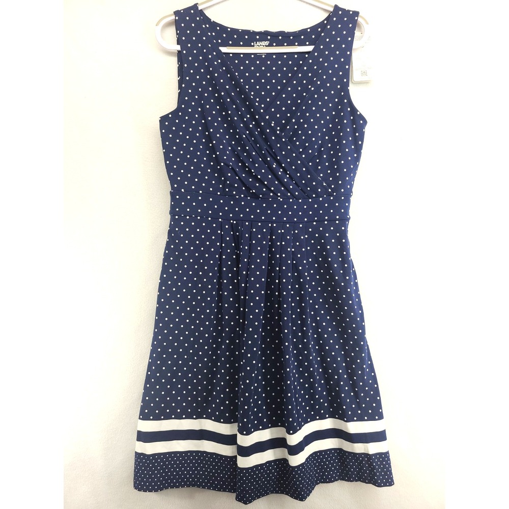 NWT Lands End Womens Dress M Navy White Polka Dot Stretch Sleeveless Fit Flare